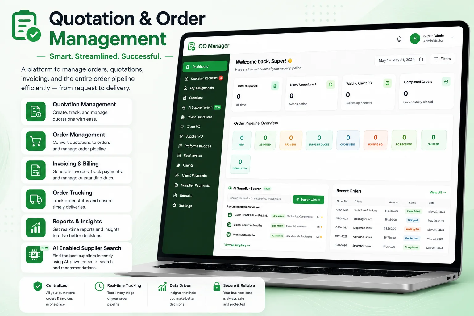 GO Manager quotation and order management dashboard GO Manager quotation, order and invoicing dashboard